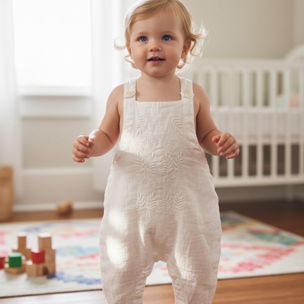 Floral White Linen Baby Romper 18M